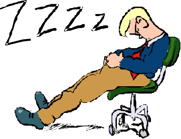 The cartoon shows a man sitting on an office chair with his head resting on it while he is asleep; there's no other significant detail in this image to provide further information about objects, people, animals, actions, and setting.