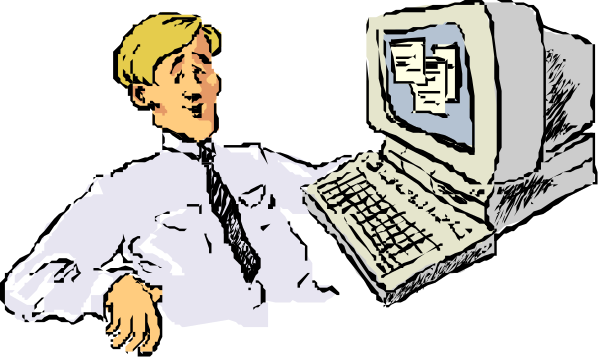 The cartoon shows a man sitting at his desk with an open laptop computer on it; he is looking up from typing into another device that appears to be connected by cables.