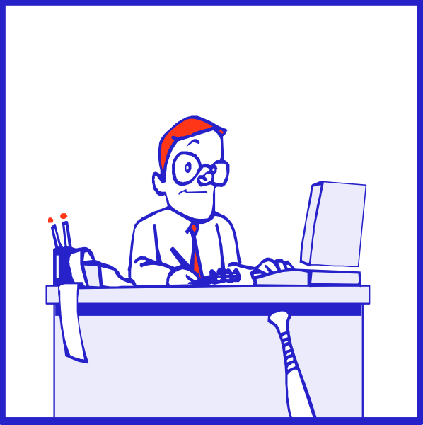 The cartoon shows a man sitting at his desk with a computer monitor on it; he is wearing glasses and has red hair. He appears to be working in an office environment as there's a baseball bat leaning against something behind him, suggesting this might be a sports-related setting or that the character enjoys playing baseball during breaks from work.