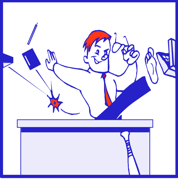The illustration depicts a cartoon of an office scene with various items scattered around it: there's a person standing on top of a desk holding up their hands in surprise; below them is another figure that appears to be working at a computer, surrounded by papers and objects like scissors. To the left side of this image are two figures engaged in different activities - one seems to have dropped something onto the floor while looking down with an expression of concern or confusion, and next to it stands someone holding up their hands as if gesturing during conversation; on top right corner there's