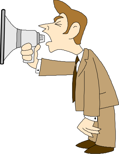 The cartoon shows a man with his mouth open as if shouting into an amplifier while standing next to it; he is wearing brown pants and has short hair.