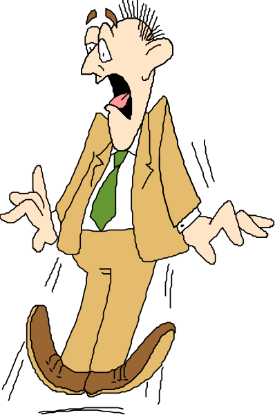 The cartoon shows a man with his arms outstretched as if he's falling over backwards while standing on what appears to be one leg in mid-air against a black background.