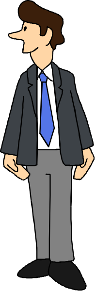 The image shows a man standing against a gray background with his hands tucked into pockets; he is wearing a suit jacket over a blue shirt paired with white pants, suggesting business attire.