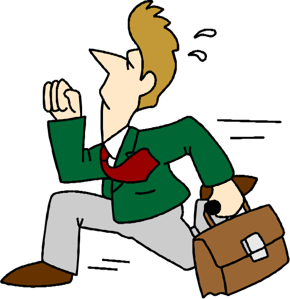 The cartoon shows a man dressed as an office worker running with his briefcase while looking back over his shoulder at another figure who appears to be in distress behind him; he is wearing glasses on top of his head and has short hair, suggesting urgency due to work-related stress or pressure from the person following.