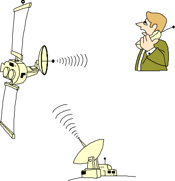 The image shows a black background with two panels of cartoon illustrations featuring space themes:

1) In the top panel, there is an astronaut in white suit standing next to a satellite dish on Earth's surface at nighttime; behind them, a large rocket ship takes off into orbit.