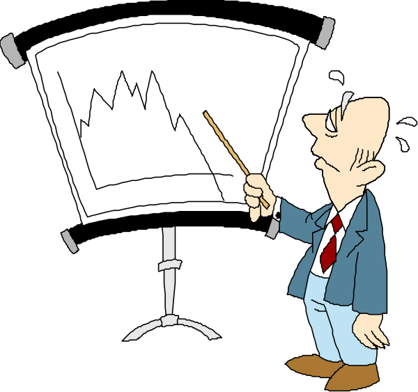 The cartoon shows a man standing next to an easel with graphs on it; he is holding a marker over his shoulder while looking at one of the charts in concern.