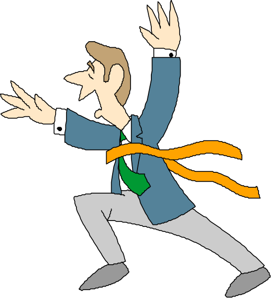 The cartoon depicts a man with an orange tie running away from something while holding his arms out to balance himself.