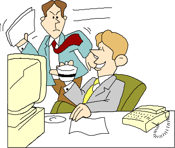 The cartoon shows a man sitting at his desk with papers on it, holding up an object that looks like a phone to another person who is standing in front of him; both characters appear surprised by something happening off-screen.