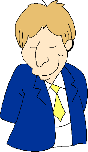 The image shows a cartoon of an adult male with blonde hair wearing glasses, dressed in business attire including a suit jacket over his shoulder, standing against what appears to be a dark background; he is looking down and has one hand on hip while holding onto something that isn't visible within the frame.