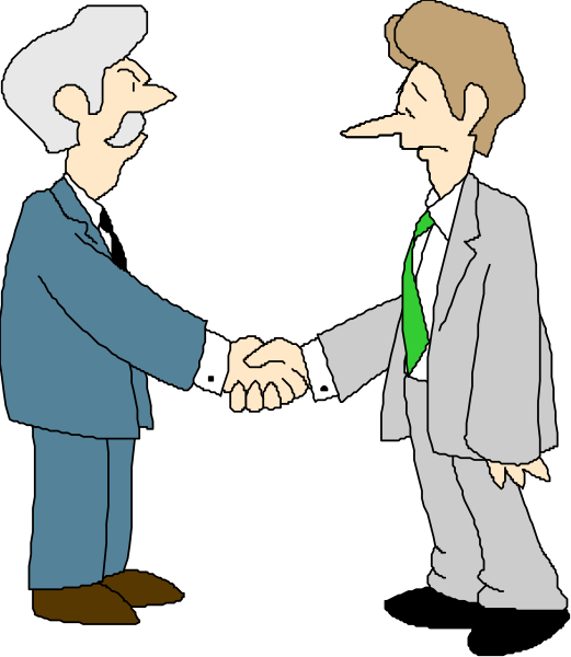 The cartoon shows two men shaking hands; both wear suits with ties visible on their shirts.