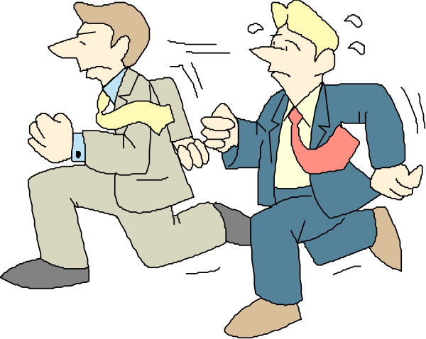 The cartoon shows three businessmen running with a briefcase between them; all appear to be male adults wearing suits and ties in shades of blue and brown against a black background.