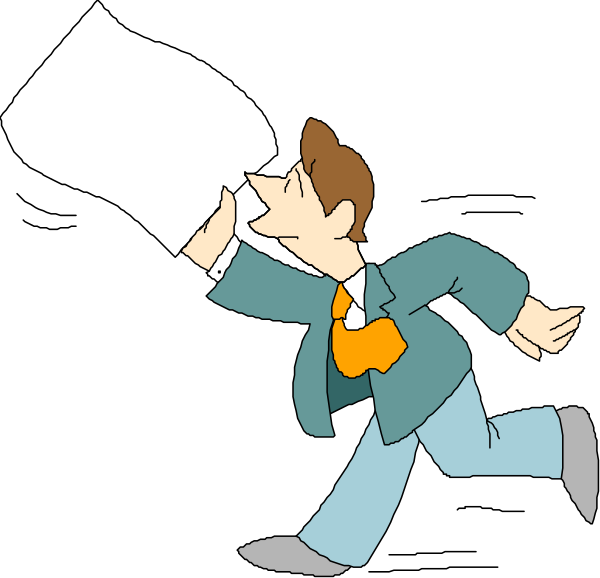The cartoon shows a man running with papers flying out of his hands; he is wearing blue jeans and an orange tie.
