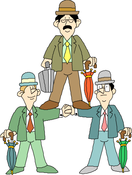 The illustration shows three cartoon characters dressed as men from a bygone era; each is holding an umbrella with different patterns: one has polka dots, another stripes, and the third plaid. They stand in front of two black silhouettes that resemble trees or posts against which they are balancing their respective canes upright on top of them while maintaining a balanced pose as if performing a trick. The characters appear to be smiling and enjoying themselves amidst what seems like rainy weather, indicated by the umbrellas' use.