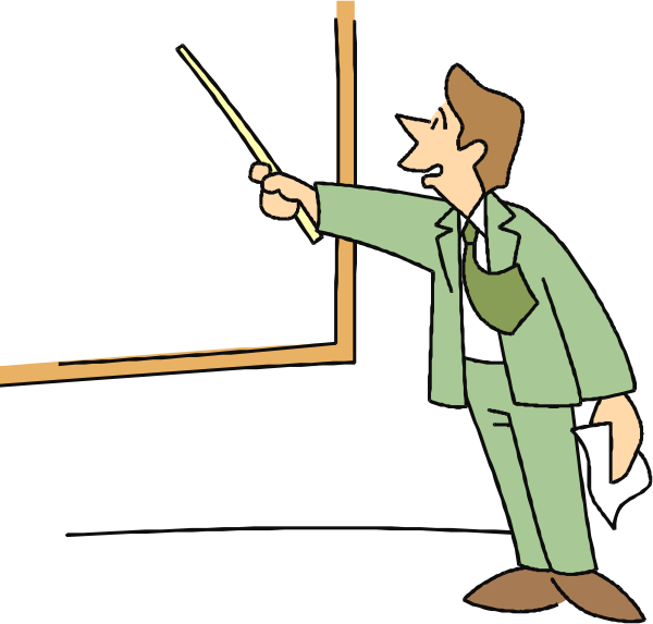 The cartoon depicts a man standing at an easel with his hand pointing to it while holding what appears to be chalk in front of him; he is dressed as a teacher wearing green pants and brown shoes, suggesting that this image represents teaching or education theme.