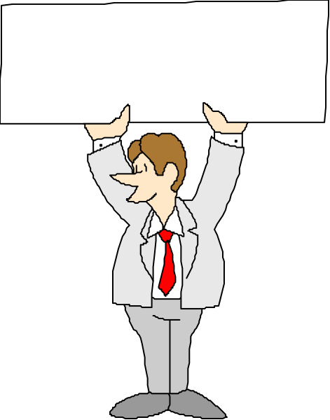 The cartoon shows a man holding up an empty sign with his right hand while standing against a dark background; he is wearing a suit and tie, suggesting that this could be related to business or work-related themes.