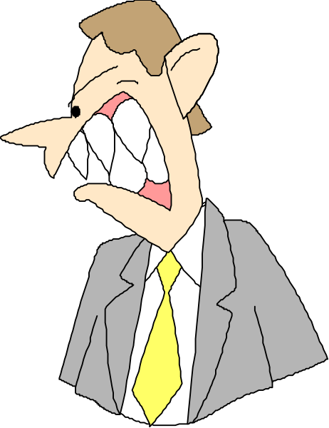 The cartoon shows a man with an exaggeratedly large mouth full of teeth, wearing glasses over his eyes that have no pupils visible; he is dressed in business attire including a suit jacket without sleeves and has short hair.