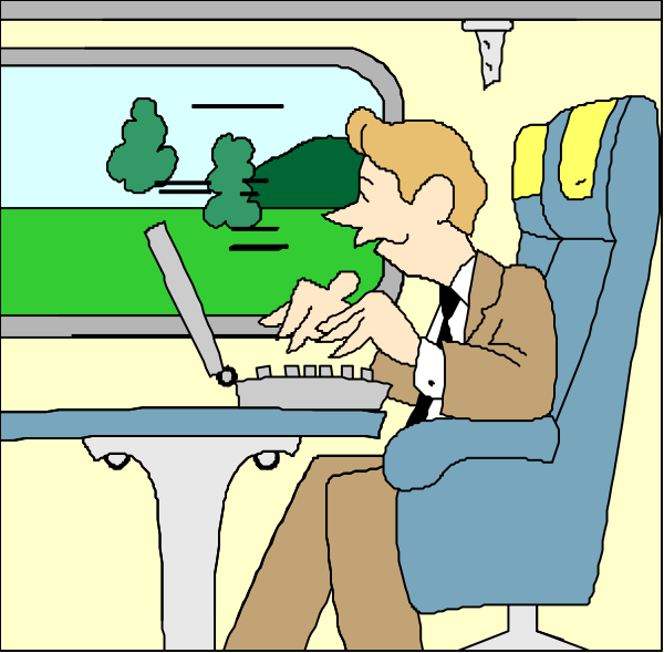 The comic strip shows a man sitting at his laptop on an airplane seat while looking out of the window with trees visible outside; he is wearing glasses and has short hair.