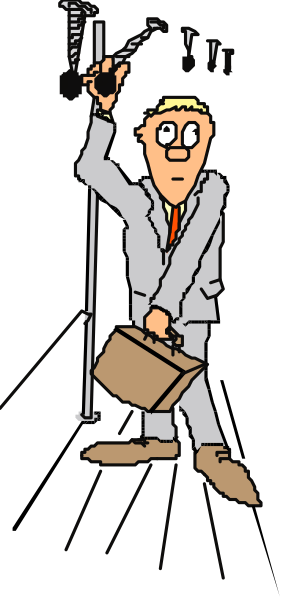 The cartoon shows a man holding an umbrella while standing on top of what appears to be a building with his legs hanging over its edge; he is wearing white pants and shoes, has brown hair, and holds a briefcase in one hand.
