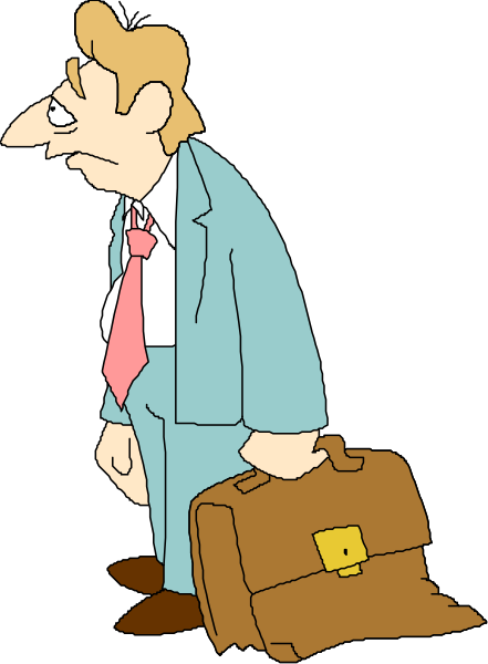 The cartoon depicts a man dressed as an executive carrying his briefcase while standing on what appears to be a sidewalk at nighttime with no visible background details other than darkness beyond him.