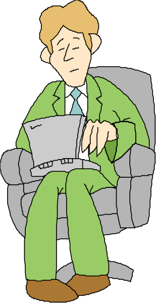 The cartoon shows a man sitting on an office chair with his feet up while reading from a laptop computer placed between him and another person who is seated in front of him but only their backside can be seen, suggesting that this second individual might not have been drawn to completion or intentionally left out.