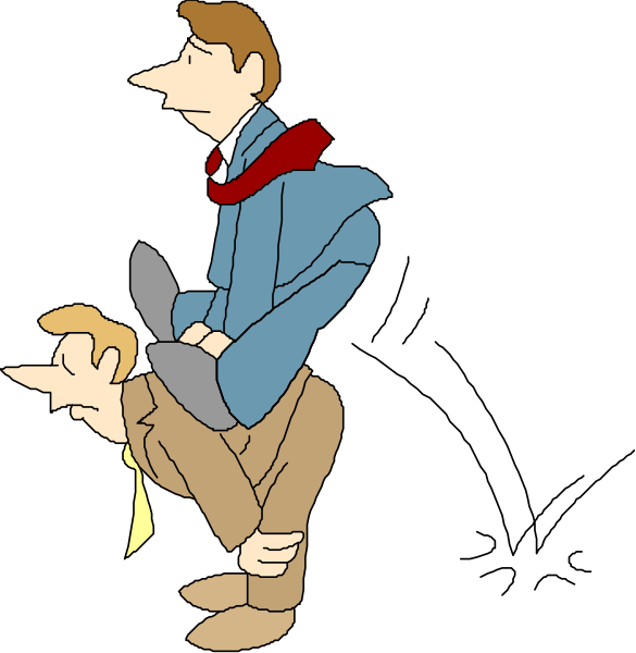 The images show a man riding on another person's back with both of them standing upright against different backgrounds: 1) black for "before" and 2) white for "after." Both figures have exaggerated proportions, suggesting an illustration or cartoon style rather than realism. They are depicted in business attire; the man on top is wearing a suit with no tie visible while riding backwards atop another person who appears to be bending forward slightly under his weight and has their hands clasped together behind them as if they're holding onto something unseen, possibly