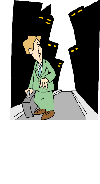 The cartoon shows a man standing on an escalator with his briefcase beside him; he is looking upwards towards something out of frame while holding onto handrails for support.