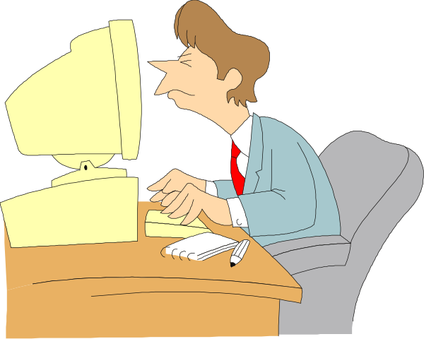 The cartoon shows a man sitting at his desk with two computer monitors; he is wearing glasses, has red hair, and appears to be working on something while looking upwards towards an unseen object of interest above him.