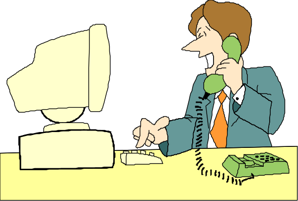 The cartoon shows a man sitting at his desk with two phones on it; he is talking into one phone while looking intently towards another screen that displays an image of him speaking to someone else over video conference, and there's also a computer monitor in front of him displaying the same scene.