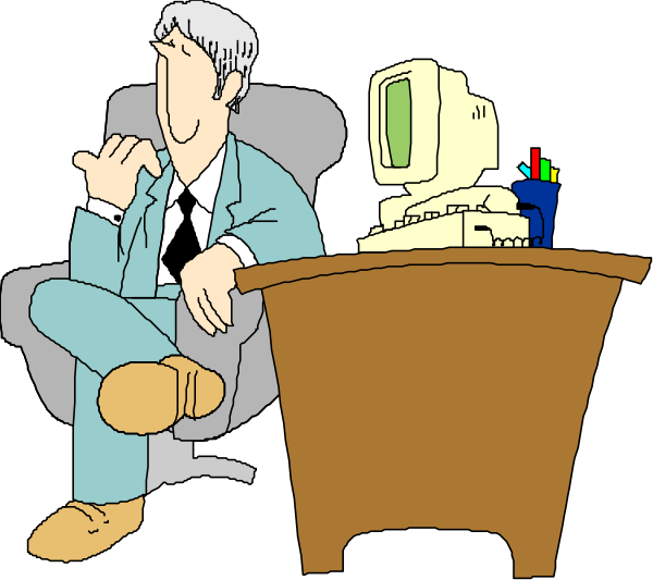 The cartoon depicts a man sitting at his desk with an office chair visible behind him; he is wearing glasses and appears to be in deep thought while looking downward towards some papers on top of what seems like a computer monitor, which also has another screen or document attached to it.