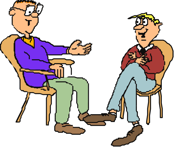 The cartoon shows two men sitting on chairs facing each other with a couch between them; both have glasses and appear to be engaged in conversation.