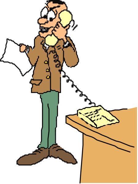 The cartoon depicts a man standing at an office desk with papers on it; he is holding up his hand to talk into a telephone while gesturing towards some documents in front of him.