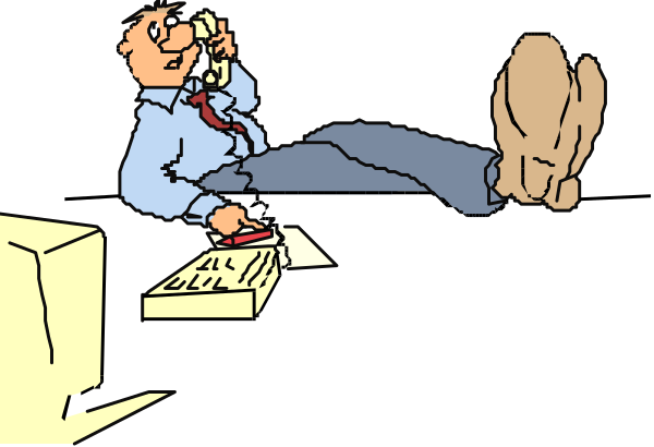 The cartoon shows a man sitting on his desk with papers scattered around him while talking on a phone; he is wearing shoes that appear to be too big for him.
