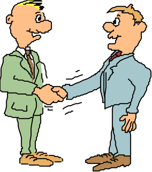 The cartoon shows two men shaking hands; both wear suits with ties, suggesting a formal occasion such as business meeting.