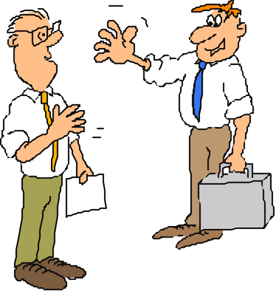 The cartoon shows a man holding his hand out to shake hands with another person who is extending theirs towards him from behind; both individuals appear surprised by this interaction.