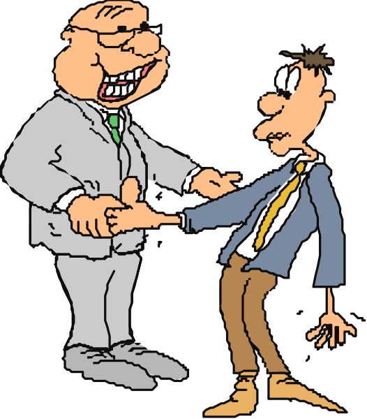 The cartoon shows a man shaking hands with another person who appears to be an animated character; both characters seem surprised by their interaction in what looks like a formal attire environment.