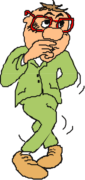 The cartoon shows a man with glasses standing next to an open door of his house; he is wearing green pajamas and holding up one finger as if making a point during conversation.