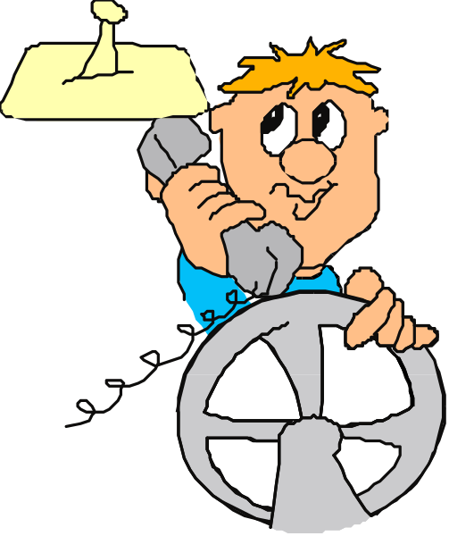 The cartoon shows a man talking on his cell phone while holding an old fan with two blades attached to it; he is standing in front of what appears to be a steering wheel from a vehicle.