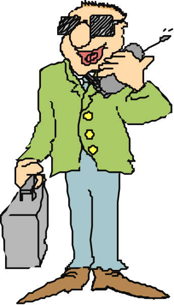 The cartoon depicts a man with sunglasses holding a briefcase standing next to an old payphone on what appears to be a sidewalk during daylight hours.