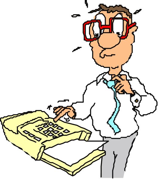 The cartoon shows a man with glasses holding papers while standing next to an open filing cabinet filled with documents; he is pointing at something on top of it that appears to be a computer monitor displaying text.