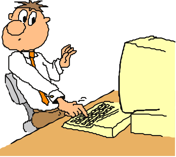 The cartoon shows a man sitting at his desk with papers on it; he is pointing to something off-screen while gesturing towards an open book in front of him.