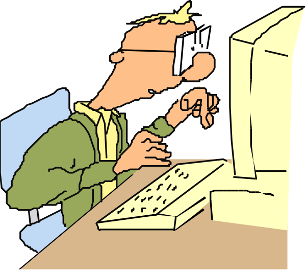 The image shows a man sitting at his computer desk with two different expressions on each side of him: he is looking down in one half while typing something into an open laptop keyboard; there's also another person, who appears to be female and wearing glasses, standing behind him holding her hand up as if gesturing or pointing.