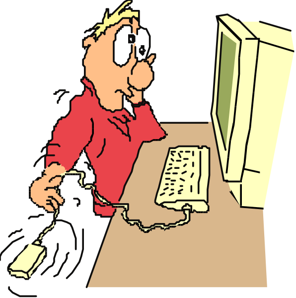 The cartoon shows a man sitting at his computer desk with two hands on either side of it; he is wearing red clothing and appears to be in deep thought as indicated by one hand resting under his chin while holding onto an object that looks like a phone cord or cable, suggesting some form of communication.