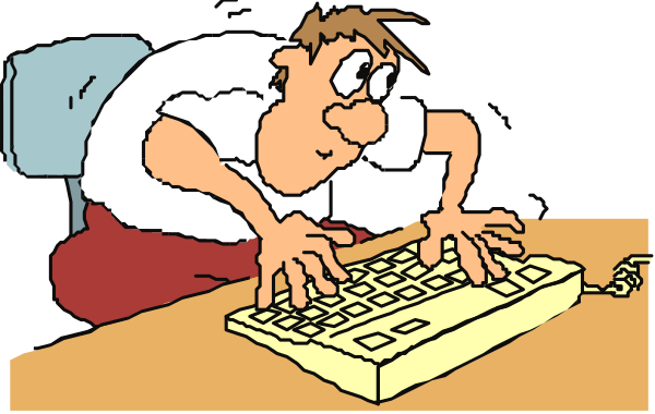 The cartoon shows a man sitting at his desk with an old computer keyboard on it; he is leaning over to type something into the yellowed keys of the keyboard while looking down intently.