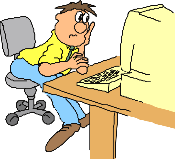 The cartoon shows a man sitting at his desk with two computer monitors on it; he is looking downward while holding what appears to be an envelope in one hand and typing into another keyboard that's out of frame, suggesting multitasking between physical mail handling and digital work or communication.