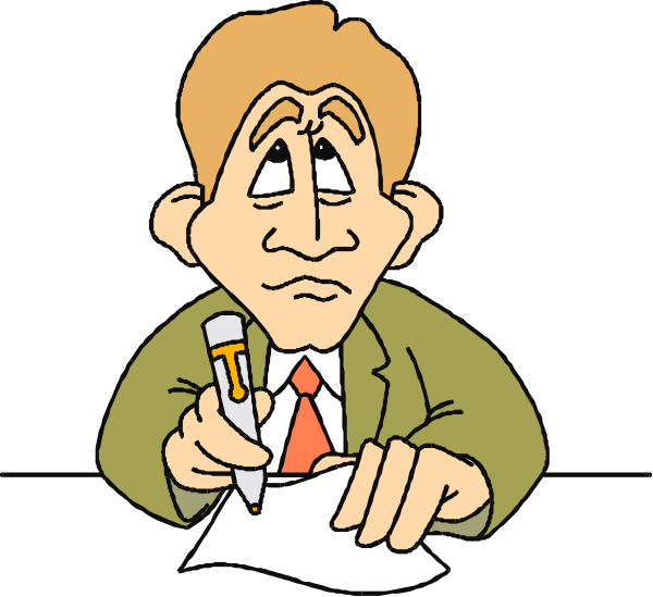 The cartoon depicts a man sitting at his desk with papers scattered around him; he is writing on them while holding an ink pen in one hand.