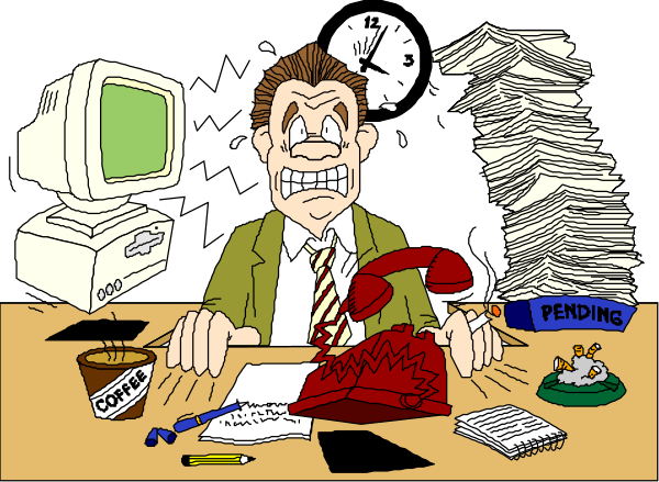 The cartoon depicts a man sitting at his desk with papers scattered around him; he appears stressed as evidenced by sweat droplets on his forehead while looking upwards towards them.