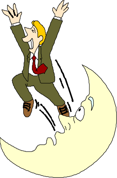 The cartoon shows a man on his back riding an upside down moon through space with stars around him while holding onto it for support; he is wearing brown shoes and has arms outstretched as if flying, against a black background.