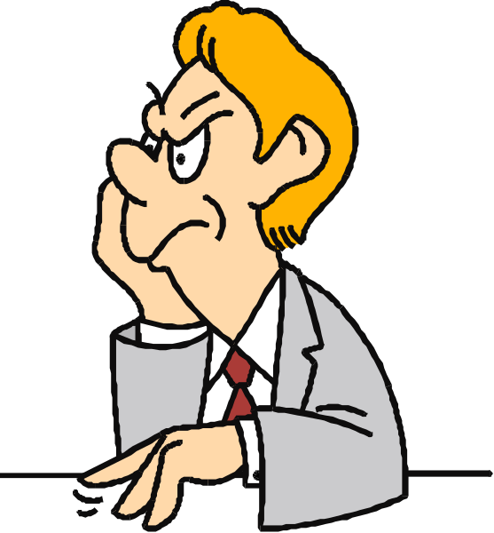 The cartoon shows a man with glasses sitting at his desk looking downward while holding onto it for support; he is wearing a suit jacket over an unseen shirt.