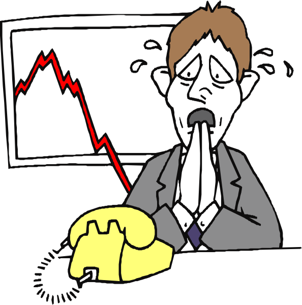 The cartoon shows a man sitting at his desk with an expression of shock on his face as he looks downward towards a yellow telephone that is ringing off-the hook next to him; above this scene, there's another panel depicting the same character in front of a computer screen displaying red and green graphs.