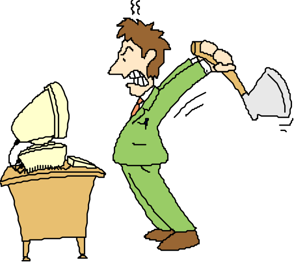 The cartoon shows a man with an exaggeratedly large hammer throwing it at three items: a computer monitor on top of another object that resembles a desk lamp; to its right is what appears to be a keyboard, and below them both sits a small trash can or waste basket.